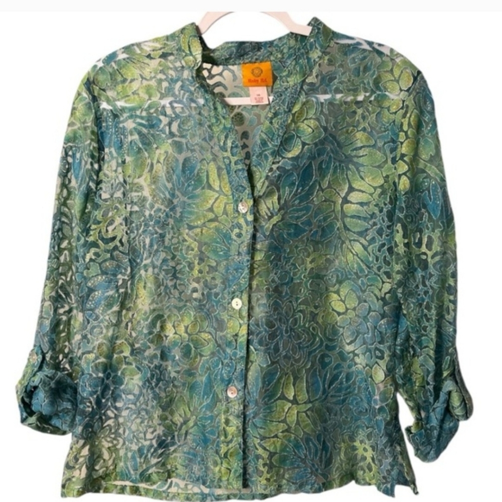 Ruby Rd. Green and Blue Button Down Blouse Size 14